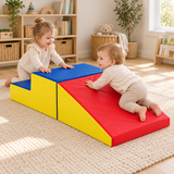Primary colour soft play steps with blue treads, yellow sides and a red ramp