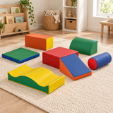Seven-piece toddler soft play set with colourful foam blocks, ramp, wave and cylinders
