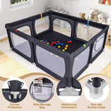 Large baby playpen with balls and pull rings for toddlers in dark grey