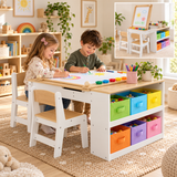 Natural and white kids art table with two chairs and colourful storage bins