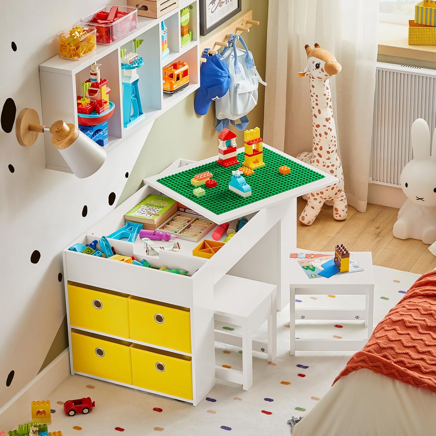 lego tisch mit aufbewahrung Montessori-Kunsttisch 2 Hocker | Wendbarer Schreibtisch & Lego-Tisch