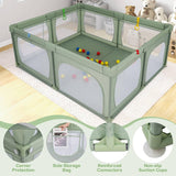 Large baby playpen with balls and pull rings for toddlers in sage green