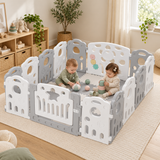 Foldable star playpen with 14 grey and white panels set up in a playroom
