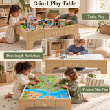 3-in-1 wooden train table showing railway play, drawing and printed map activities.