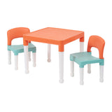 Easy-clean children’s plastic table with two orange chairs