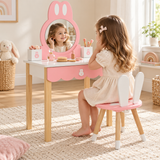 Pink and white kids’ bunny dressing table with matching chair.