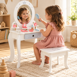 White Kids’ Dressing Table & Stool with Oval Mirror, Drawer & Play Accessories inc Hairdryer