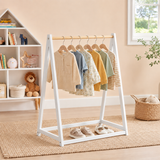 White kids clothes rail styled as a Montessori open wardrobe