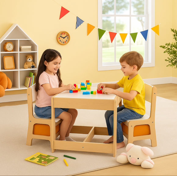 Kids 3-in-1 Table & Chairs | Reversible Top | Blackboard | Orange Storage Drawers