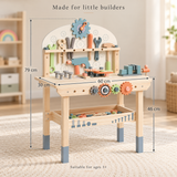 Pine wood children's workbench with saw, hammer, screwdriver and play wrenches