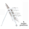 Grey adjustable highchair with five recline positions and three-position footrest