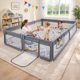 Large Baby Playpen and Ball Pool with Carry Bag  & Pull-up Rings| Mesh Fabric | 2. x 1.5m | Grey