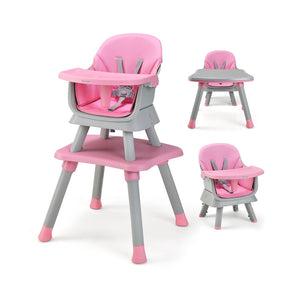Høy stol med 5-punktssele og avtagbart brett rosa