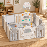 Grey and white car-themed baby playpen with padded mats and colourful play balls