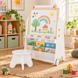 4-in-1 Kids Art Easel, Study Table & Bookcase with Stool | Adjustable Whiteboard, Chalkboard & Paper Roll