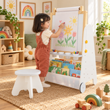4-in-1 Kids Art Easel, Study Table & Bookcase with Stool | Adjustable Whiteboard, Chalkboard & Paper Roll