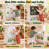4-in-1 Kids Art Easel, Study Table & Bookcase with Stool | Adjustable Whiteboard, Chalkboard & Paper Roll