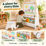4-in-1 Kids Art Easel, Study Table & Bookcase with Stool | Adjustable Whiteboard, Chalkboard & Paper Roll