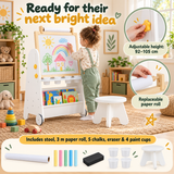 4-in-1 Kids Art Easel, Study Table & Bookcase with Stool | Adjustable Whiteboard, Chalkboard & Paper Roll