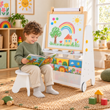 4-in-1 Kids Art Easel, Study Table & Bookcase with Stool | Adjustable Whiteboard, Chalkboard & Paper Roll