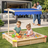 Kids Eco Solid Fir Wood Sandpit with UV & Waterproof Adjustable Canopy | Blue | 1.2m Square