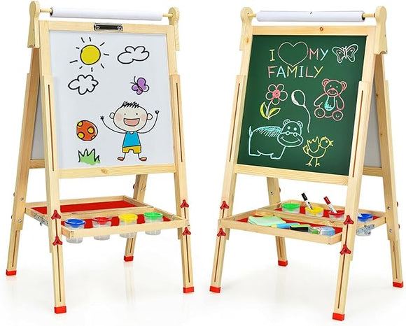 Montessori Height Adjustable Eco Wood Easel | Whiteboard, Blackboard | Paper Roll | Paint Pots | Chalks & Magnets | 3-12 Years