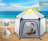 Portable baby playpen with mesh sides for indoor outdoor use