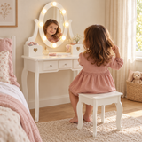 White children’s dressing table with LED mirror and matching stool