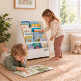 White Montessori children’s bookcase with front-facing books