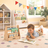 Portable Montessori wooden bookcase with toddler reading on a rug in a bright modern playroom