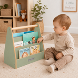 Portable mini kids bookcase in natural wood effect and sage green