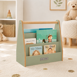 Little Helper front-facing toddler bookshelf in natural and sage green