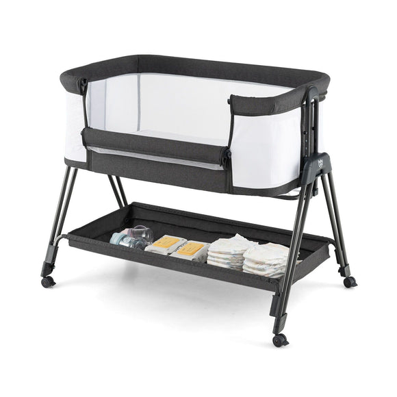 Charcoal Portable Next-to-Me Baby Crib | Linen | 7 Adjustable Heights | Storage Shelf | Wheels | Carry Bag | 0-6m