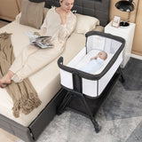 Charcoal Portable Next-to-Me Baby Crib | Linen | 7 Adjustable Heights | Storage Shelf | Wheels | Carry Bag | 0-6 months