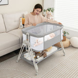 Light Grey Portable Next-to-Me Baby Crib | Linen | 7 Adjustable Heights | Storage Shelf | Wheels