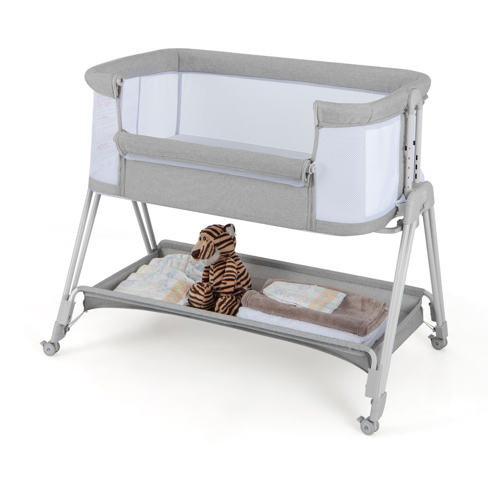 Next to Me Baby Crib 7 Heights Storage Wheels Bag Grey