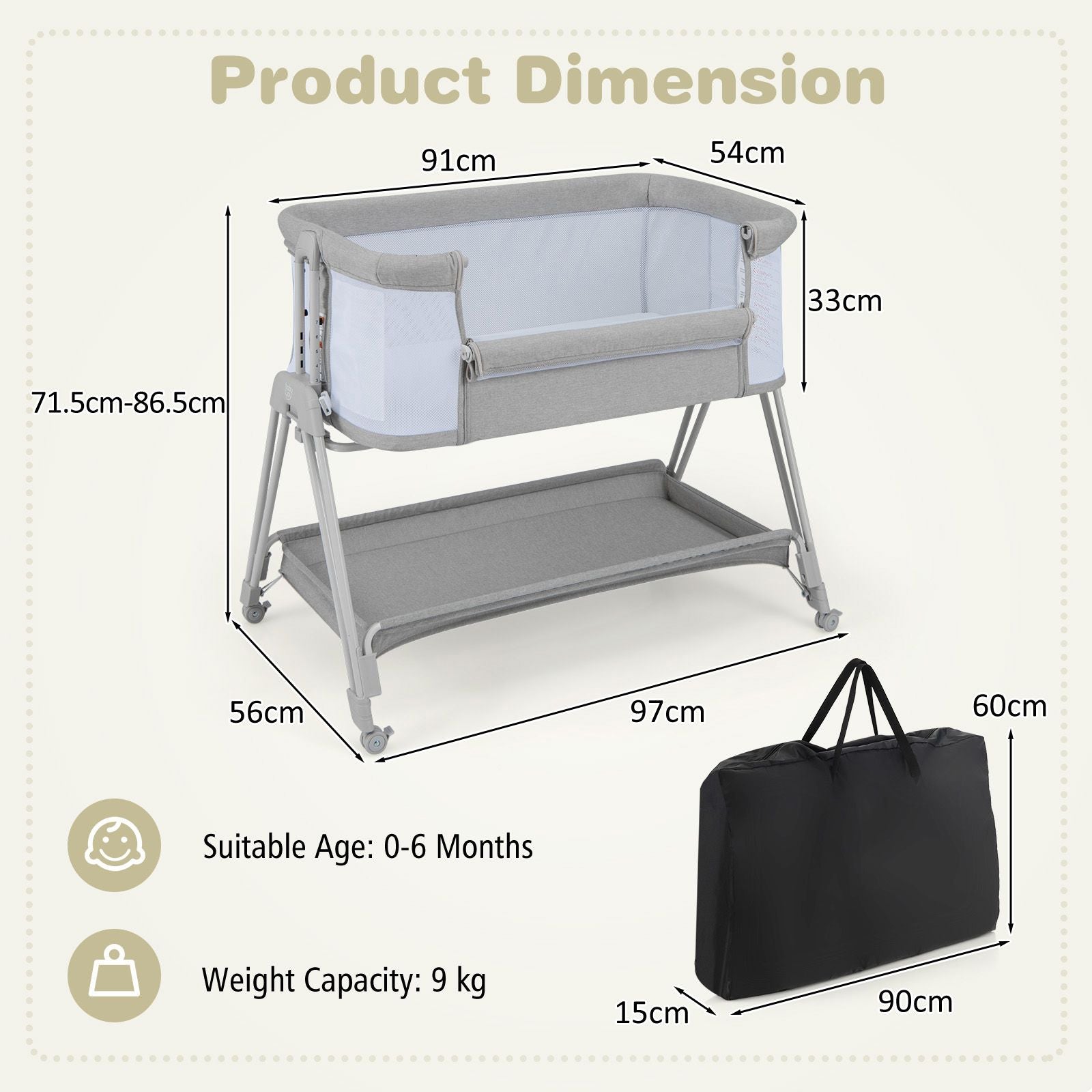 Next to Me Baby Crib 7 Heights Storage Wheels Bag Grey 0 6m www.littlehelper