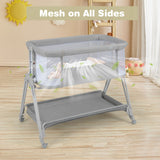 Cuna portátil Lite Grey para bebé Next-to-Me | lino | 7 alturas ajustables | Estante de almacenamiento | Ruedas | Bolsa de transporte | 0-6m