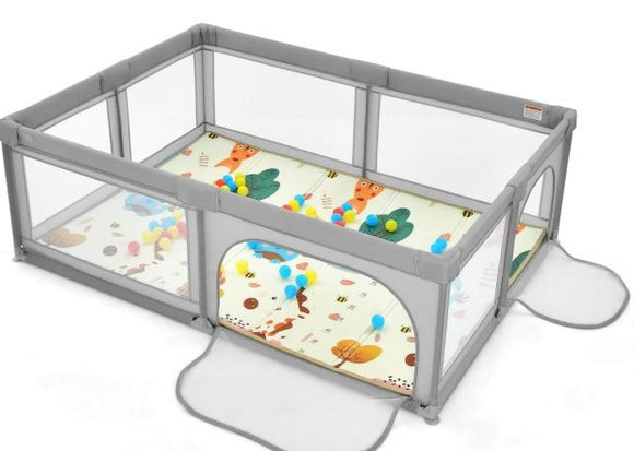 Extra Large Baby Playpen | Ball Pool | 50 Balls, Thick Mat &  Carry Bag | Breathable Mesh Fabric |  2m x 1.4m  | Soft Grey