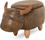 Taburete, caja de almacenamiento, reposapiés y asiento 4 en 1 para niños | Caja de juguetes | Lindo diseño de animales de bisonte | Marrón
