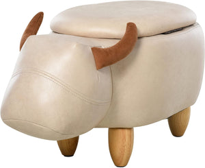 Taburete, caja de almacenamiento, reposapiés y asiento 4 en 1 para niños | Caja de juguetes | Lindo diseño de animales de bisonte | Beige