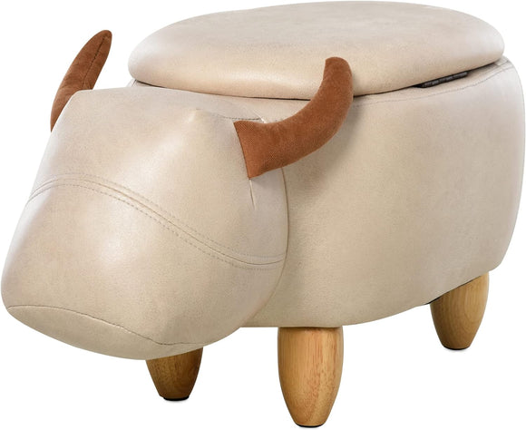 Kids 4-in-1 Stool, Storage Box, Footrest & Seat | Toy Box | Cute Bison Animal Design | Beige