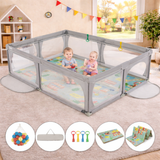 XL Montessori Baby Playpen and Ball Pool with Pull-up Rings, 50 Balls, Mat & Carry Bag | Breathable Mesh Fabric |  2m x 1.47m  | Greys
