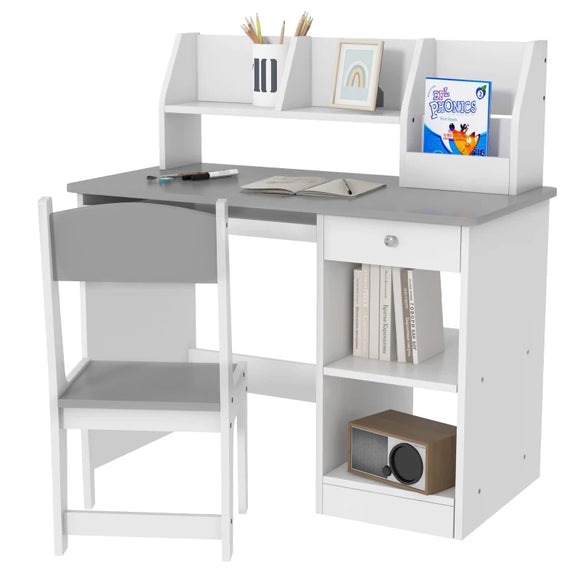 Montessori Homework Desk | Keyboard Drawer | Storage & Chair | White & Grey | 5-10 Years