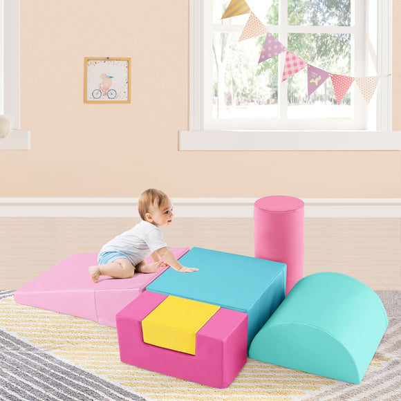 Montessori Soft Play Equipment | Pikler 6 Piece Foam Soft Play Set | Soft Play Slide & Bridge | Pastel Macaroon Set | 1-3 years