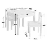 Childrens white wooden table and 2 chairs showing the dimensions