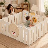 Cream foldable baby playpen with deer gate in a neutral Little Helper playroom