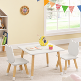 White and natural kids table and chairs set with kitty backrests