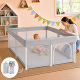 Foldable baby playpen with breathable mesh sides in light grey