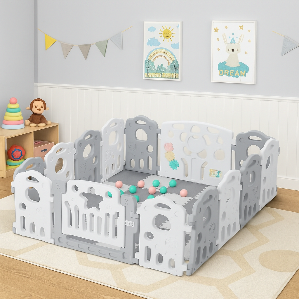Montessori Folding Bear Playpen | 14 Panels | 1.55m Sq | Grey & White ...